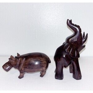 Vintage Carved Wood Hippo And Elephant